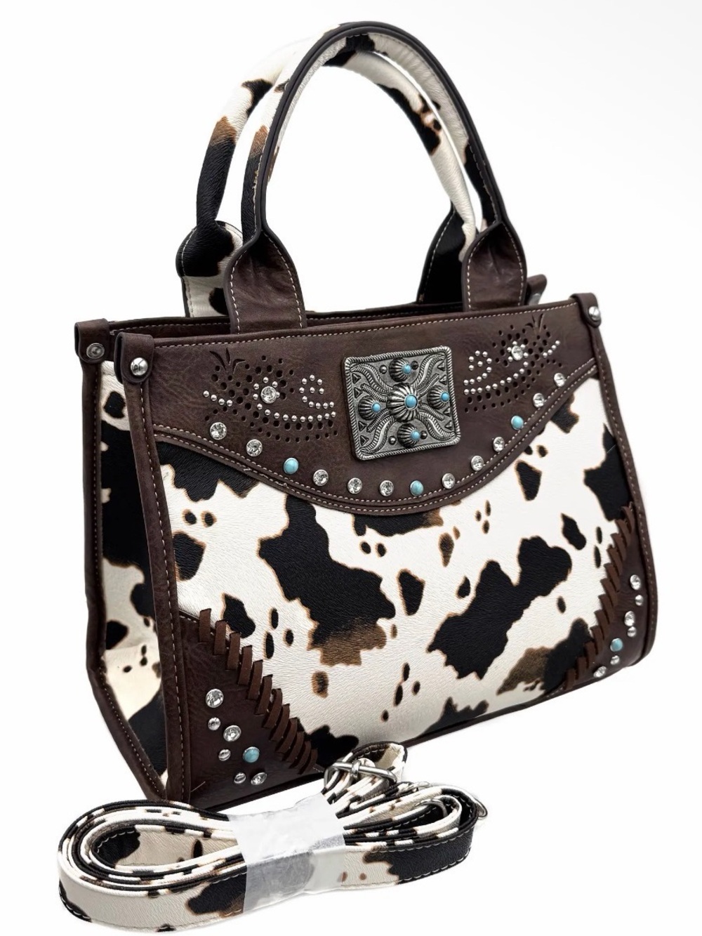 Cowhide Pattern Brown Trim Satchel Handbag